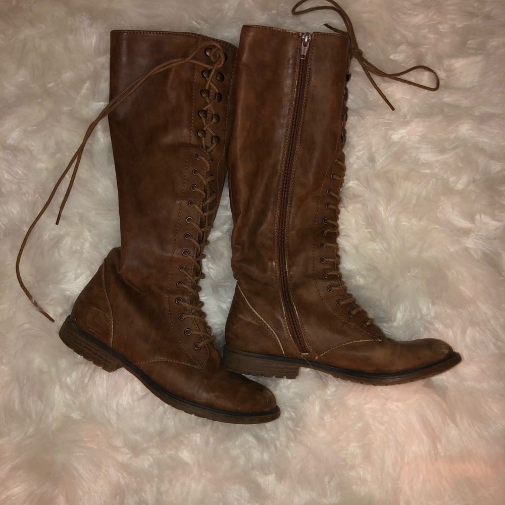 Brown lace up mid calf boots